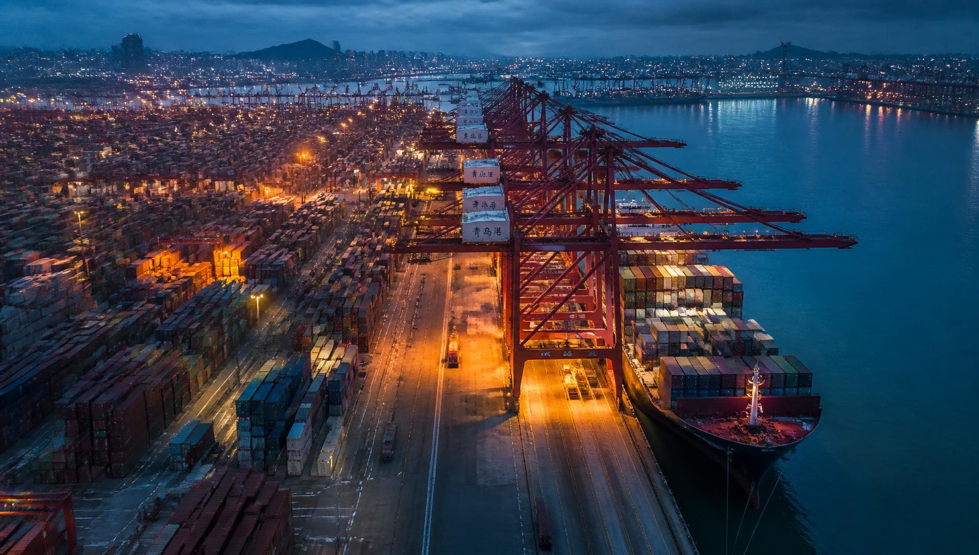 Container port in China at dusk